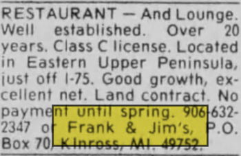 Frank & Jims Restaurant - Nov 23 1984 Article (newer photo)